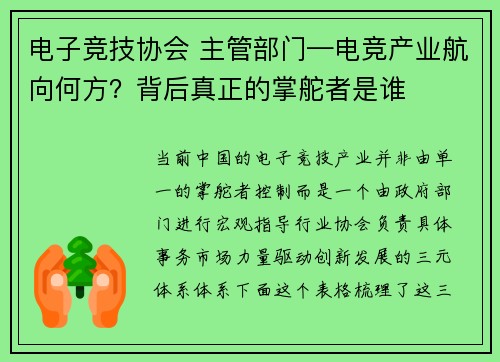 电子竞技协会 主管部门—电竞产业航向何方？背后真正的掌舵者是谁